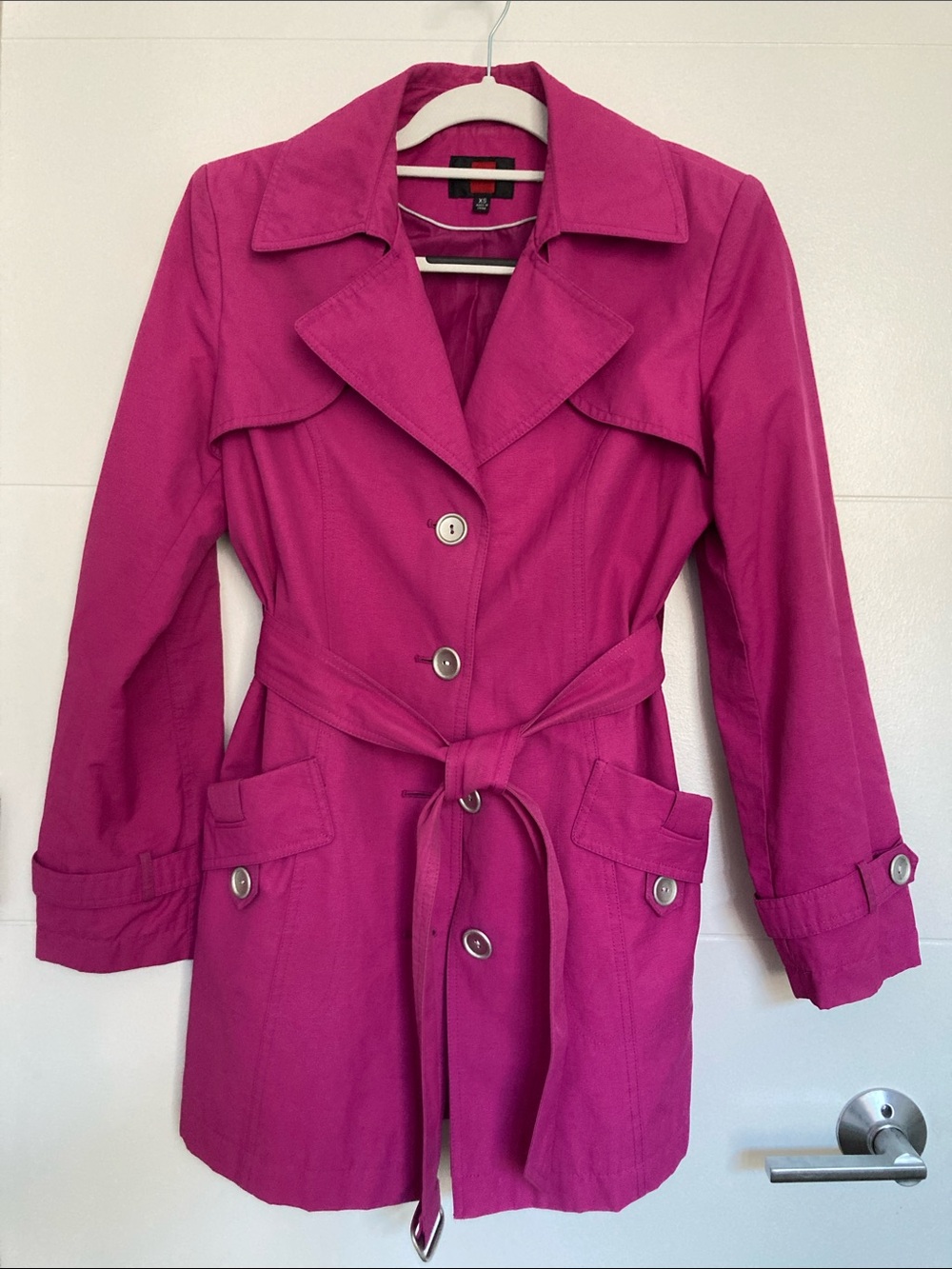 Women’s Fuchsia Trench Coat, raincoat with Belt, and matching scarf